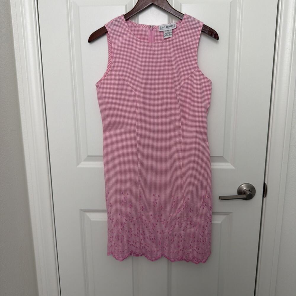 VTG JG Hook Gingham Floral Embroidered Sheath Dress Womens 6P Pink Cottagecore